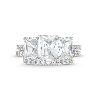 Sterling Silver CZ Tri-Baguette Cut Bridal Ring Set - Size 7