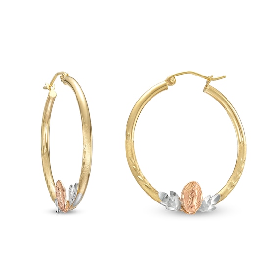 Diamond-Cut Our Lady of Guadalupe Tri-Tone Hoop Earrings in 10K Gold
