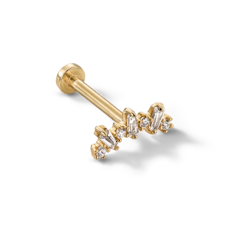 14K Gold CZ Round and Baguette Cartilage Barbell - 18G 5/16"