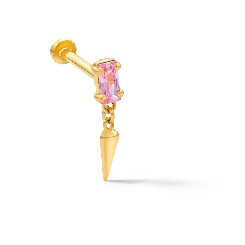 14K Solid Gold Pink CZ Spike Dangle Stud - 18G 5/16"