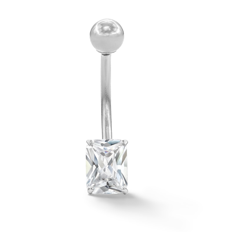 10K Solid White Gold CZ Radiant-Cut Belly Ring - 14G 7/16"