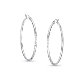 10K Hollow White Gold Diamond-Cut Hoops