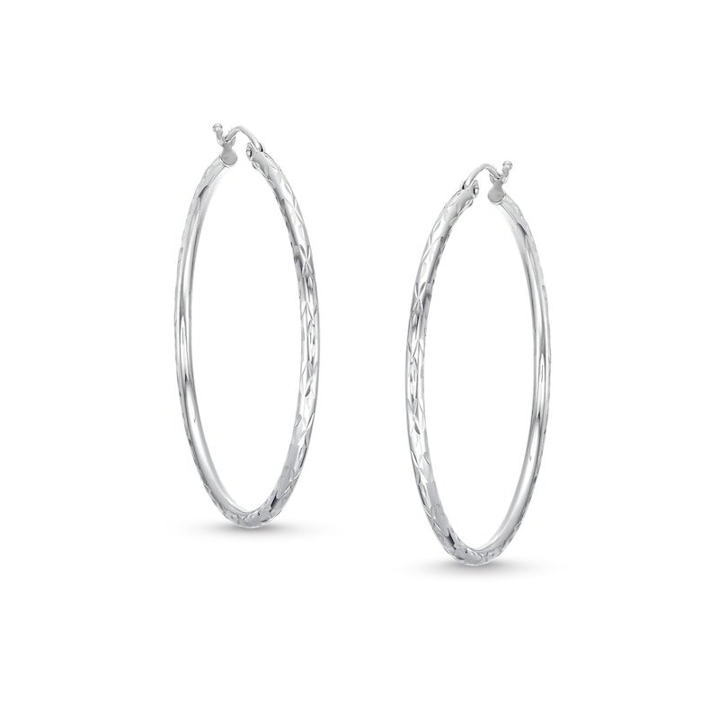 10K Hollow White Gold Diamond-Cut Hoops