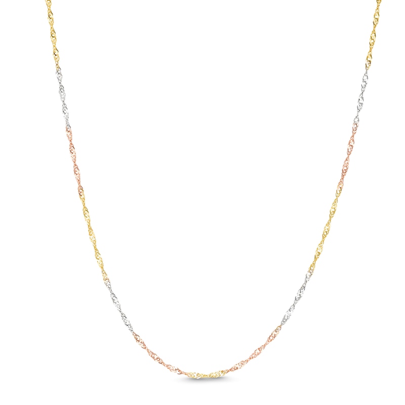 Main Image 1 of 1.4mm Diamond-Cut Singapore Tri-Color Chain Necklace in 10K Solid Gold- 16 + 2"
