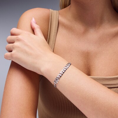 6.82mm Diamond-Cut Pavé Flat Curb Chain Bracelet in Solid Sterling Silver - 7.5"
