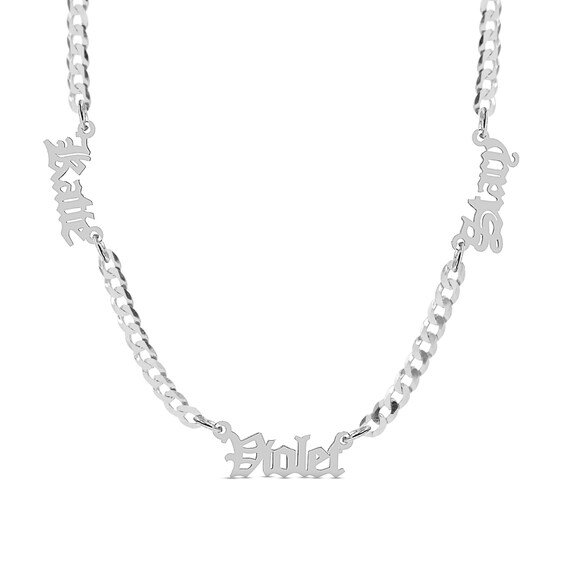 Three Name Gothic Nameplate Curb Chain Personalized Necklace in Solid Sterling Silver (1 Line) - 18"