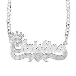 Script Name with Crown and Heart Curb Chain Necklace in Solid Sterling Silver (1 Line) - 18&quot;