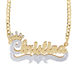 Script Name with Crown and Heart Curb Chain Two-Tone Necklace in Sterling Silver with 14K Gold Plate (1 Line) - 18&quot;