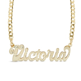 ​​​​​​​Script Name with Heart Curb Chain Necklace in Solid Sterling Silver with 14K Gold Plate (1 Line) - 18&quot;