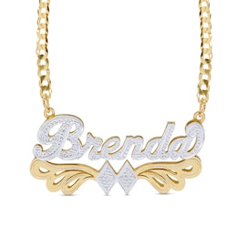 Script Name with Double Rhombus Curb Chain Two-Tone Necklace in Sterling Silver with 14K Gold Plate (1 Line) - 18&quot;