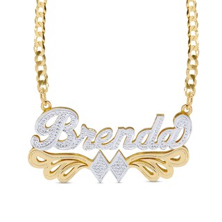 14K Gold Plated Script Name with Double Rhombus Curb Chain Two-Tone Necklace - 18"