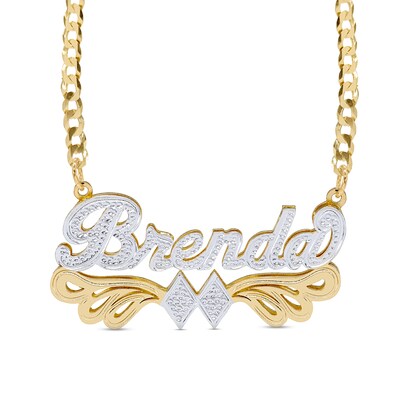 14K Gold Plated Script Name with Double Rhombus Curb Chain Two-Tone Necklace - 18"