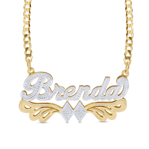 Script Name with Double Rhombus Curb Chain Two-Tone Necklace in Sterling Silver with 14K Gold Plate (1 Line) - 18"