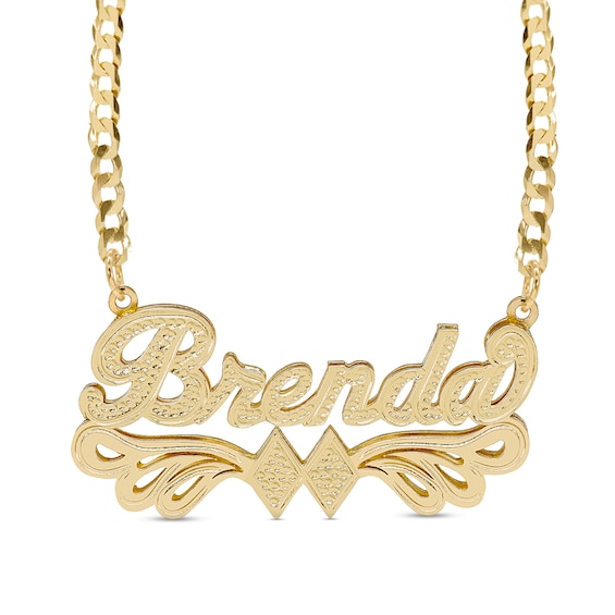 Script Name with Double Rhombus Curb Chain Necklace in Solid Sterling Silver with 14K Gold Plate (1 Line) - 18"