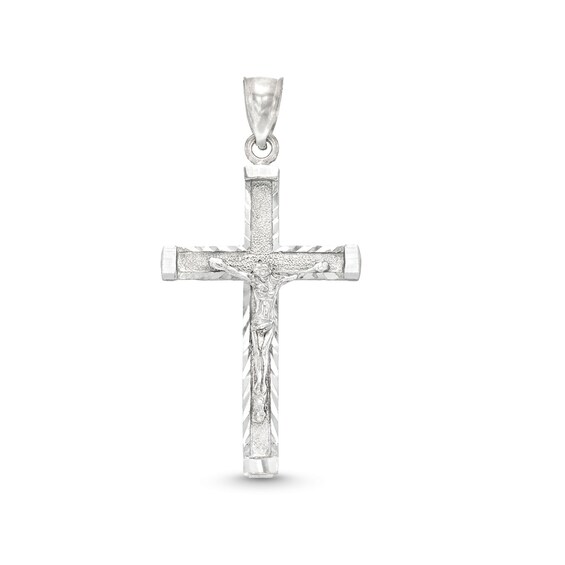 Diamond-Cut Edge Crucifix Necklace Charm in 10K Solid White Gold