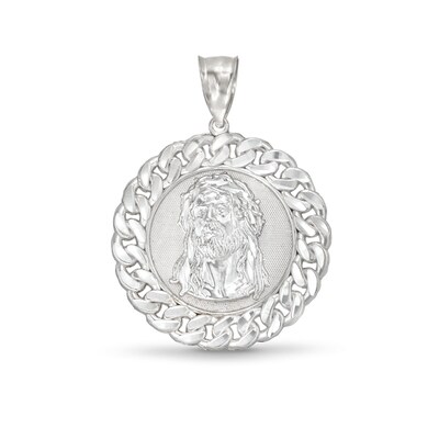 10K White Gold Chain Framed Jesus Medallion Necklace Charm