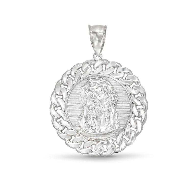 10K White Gold Chain Framed Jesus Medallion Necklace Charm
