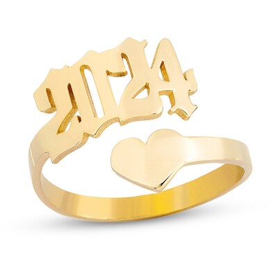 14K Gold Plate Heart and Year Gothic Personalized Ring