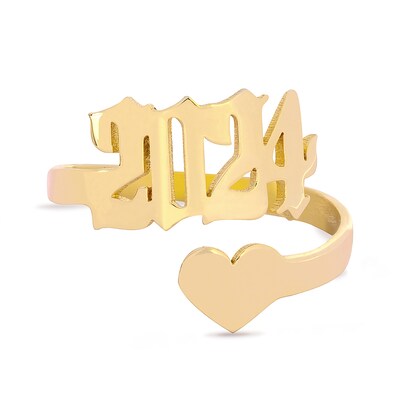 14K Gold Plate Heart and Year Gothic Personalized Ring
