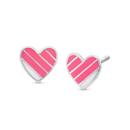 Pink and White Enamel Heart Earrings in Sterling Silver
