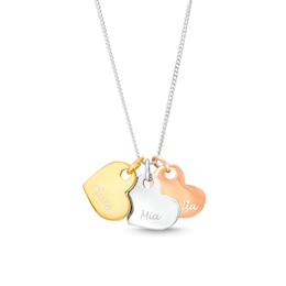 Three Heart Engravable Tri-Color Curb Chain Necklace in Sterling Silver with 14K Gold Plate