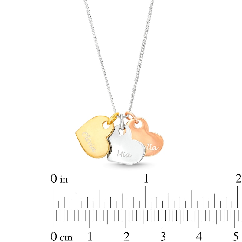 Three Heart Engravable Tri-Color Curb Chain Necklace in Sterling Silver with 14K Gold Plate