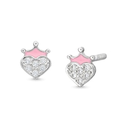 Cubic Zirconia and Pink Enamel Crown Heart Stud Earrings in Sterling Silver