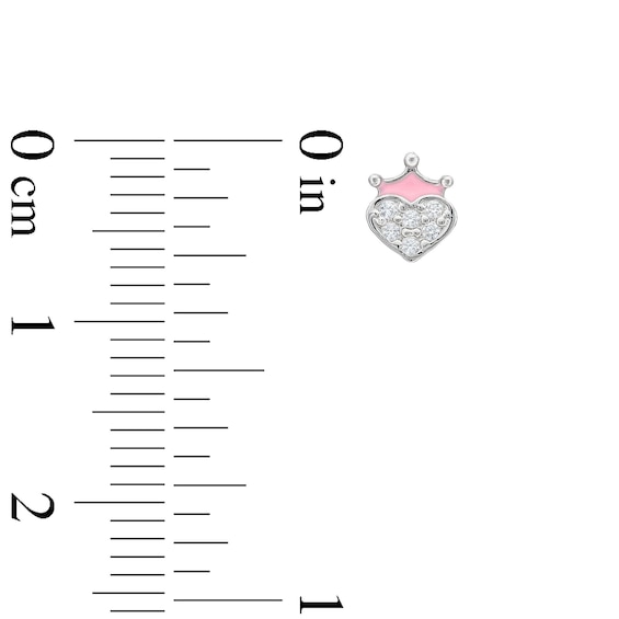 Cubic Zirconia and Pink Enamel Crown Heart Stud Earrings in Sterling Silver