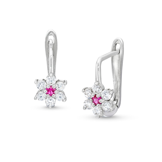 Child's Cubic Zirconia and Simulated Ruby Flower Earrings in Sterling Silver