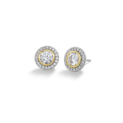 14K Plated Gold CZ Round Center Stone Two-Tone Studs