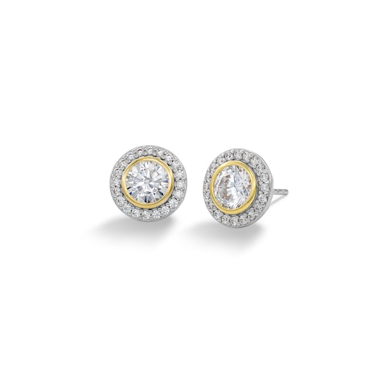 14K Plated Gold CZ Round Center Stone Two-Tone Studs