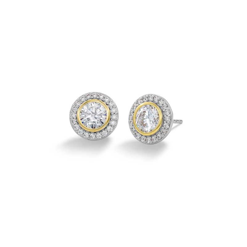14K Plated Gold CZ Round Center Stone Two-Tone Studs