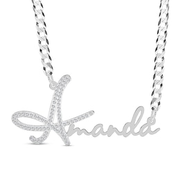 Cubic Zirconia Personalized Name Script Curb Chain Necklace in Sterling Silver - 18&quot;