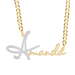 Cubic Zirconia Personalized Name Script Curb Chain Necklace in Sterling Silver with 14K Gold Plate - 18&quot;