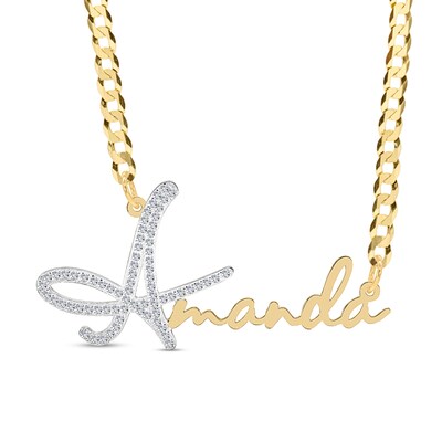14K Gold Plated CZ Personalized Name Script Two-Tone Curb Chain Necklace - 18"