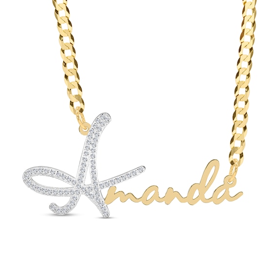 14K Gold Plated CZ Personalized Name Script Two-Tone Curb Chain Necklace - 18"