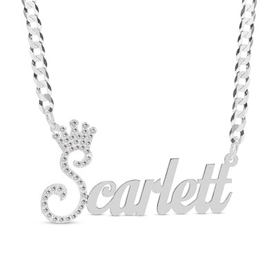 Sterling Silver CZ Personalized Crown Name Script Curb Chain Necklace - 18"