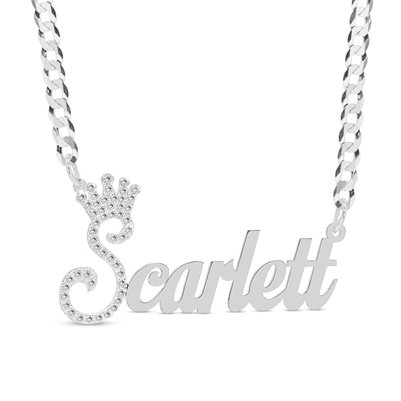 Cubic Zirconia Personalized Crown Name Script Curb Chain Necklace in Sterling Silver - 18"