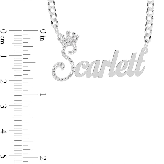 Sterling Silver CZ Personalized Crown Name Script Curb Chain Necklace - 18"