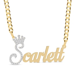 Cubic Zirconia Personalized Crown Name Script Curb Chain Necklace in Sterling Silver with 14K Gold Plate - 18&quot;