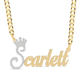 14K Gold Plated CZ Personalized Crown Name Script Curb Chain Necklace - 18"
