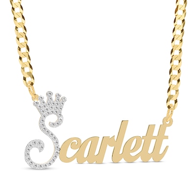 14K Gold Plated CZ Personalized Crown Name Script Curb Chain Necklace - 18"