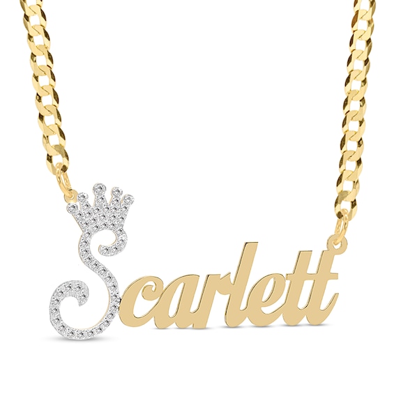 14K Gold Plated CZ Personalized Crown Name Script Curb Chain Necklace - 18"