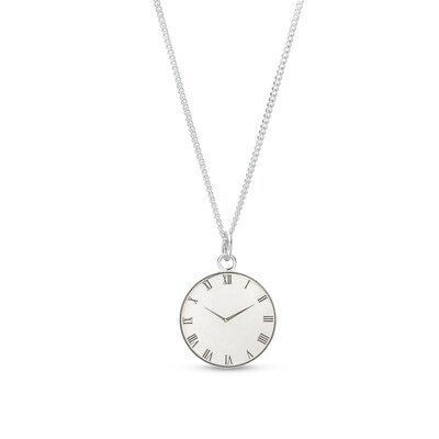 Sterling Silver Engravable Roman Numeral Birth Clock Pendant - 18"