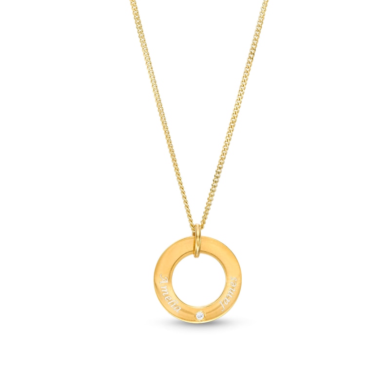 Cubic Zirconia Engravable Circle Pendant Necklace in Sterling Silver with 14K Gold Plate - 18"