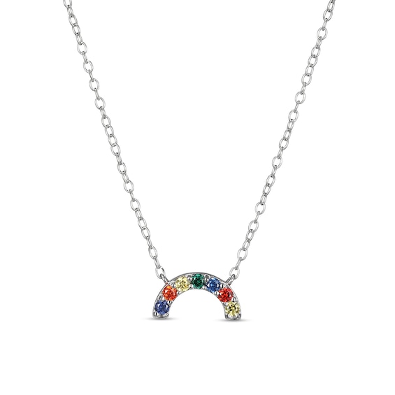 Multi-Color Cubic Zirconia Rainbow Pendant Necklace in Solid Sterling Silver - 18"