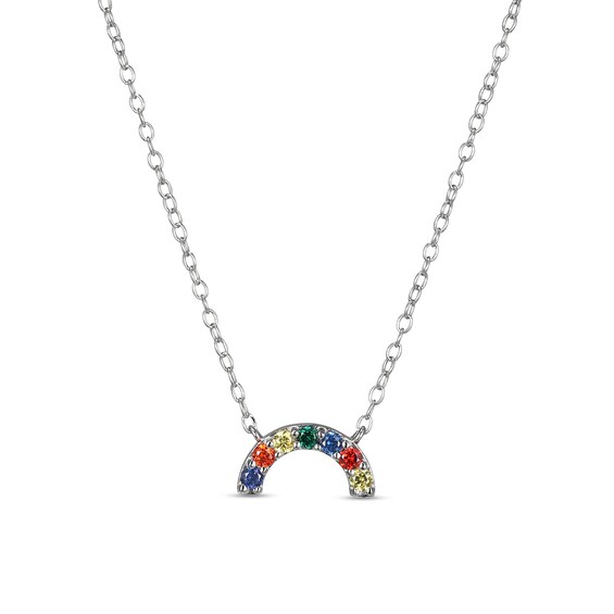 Multi-Color Cubic Zirconia Rainbow Pendant Necklace in Solid Sterling Silver - 18"