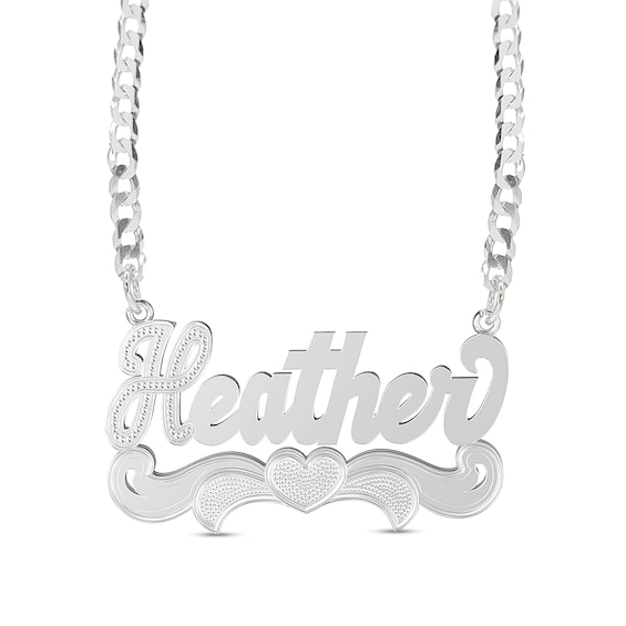 Beaded Heart Nameplate Curb Chain Necklace in Sterling Silver