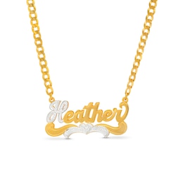 14K Gold Plated Personalized Beaded Heart Nameplate Two-Tone Curb Chain Necklace - 18"