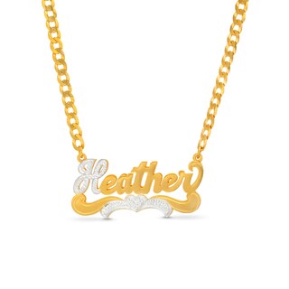 14K Gold Plated Personalized Beaded Heart Nameplate Two-Tone Curb Chain Necklace - 18"